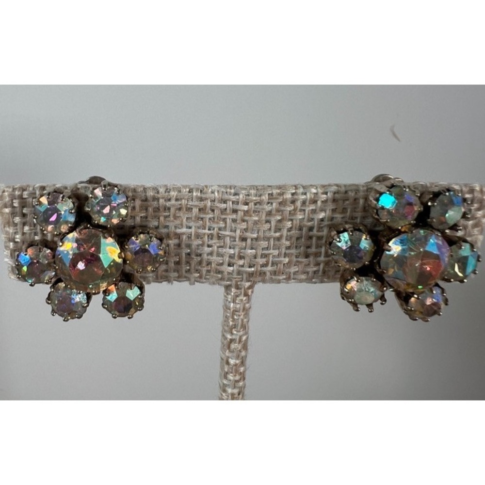 Vintage Signed Weiss Clip on Earring Aurora Borealis Rhinestone Austrian Crystal